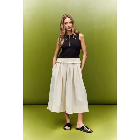 Plan C x RTR Knit Poplin Two Tone Pleated Midi Dress Sleeveless Black Beige Sz 8 - Picture 1 of 12